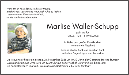 Traueranzeige von Marlise Waller-Schupp von Stuttgarter Zeitung / Stuttgarter Nachrichten