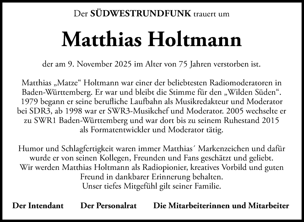  Traueranzeige für Matthias Holtmann vom 22.11.2025 aus Stuttgarter Zeitung / Stuttgarter Nachrichten