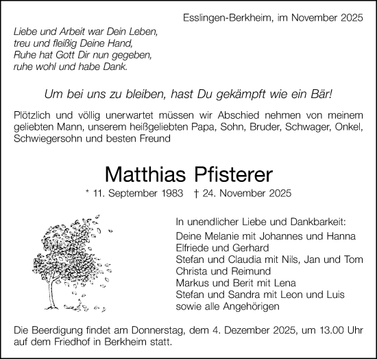 Traueranzeige von Matthias Pfisterer von Eßlinger Zeitung