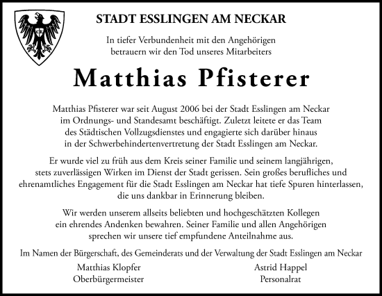 Traueranzeige von Matthias Pfisterer von Eßlinger Zeitung
