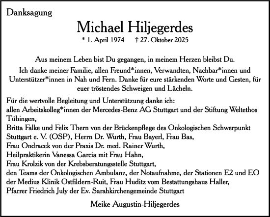 Traueranzeige von Michael Hiljegerdes von Stuttgarter Zeitung / Stuttgarter Nachrichten