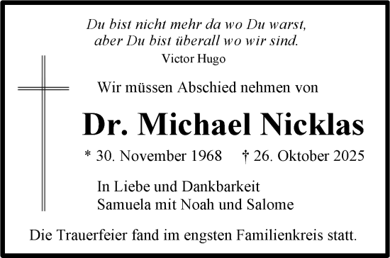 Traueranzeige von Michael Nicklas von Stuttgarter Zeitung / Stuttgarter Nachrichten