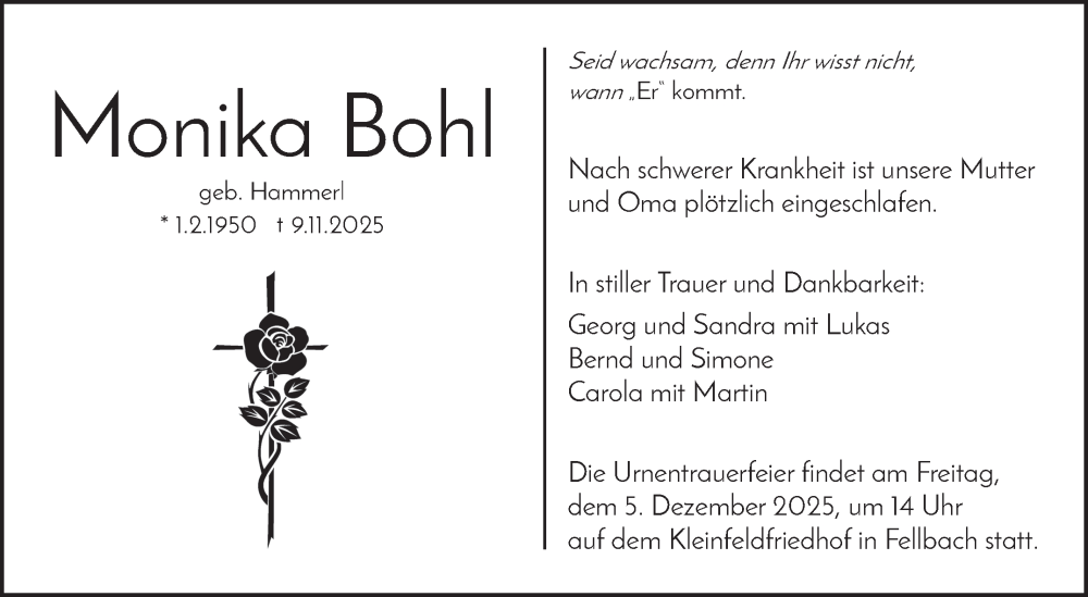  Traueranzeige für Monika Bohl vom 28.11.2025 aus Stuttgarter Zeitung / Stuttgarter Nachrichten