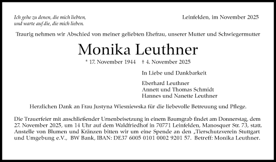 Traueranzeige von Monika Leuthner von Stuttgarter Zeitung / Stuttgarter Nachrichten