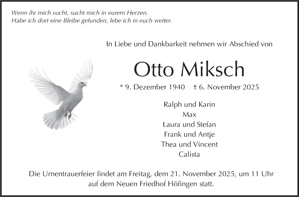  Traueranzeige für Otto Miksch vom 15.11.2025 aus Leonberger Kreiszeitung / Strohgäu Extra
