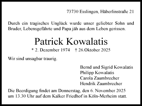 Traueranzeige von Patrick Kowalatis von Eßlinger Zeitung