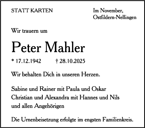 Traueranzeige von Peter Mahler von Eßlinger Zeitung