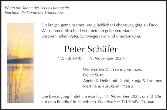 Traueranzeige von Peter Schäfer von Stuttgarter Zeitung / Stuttgarter Nachrichten