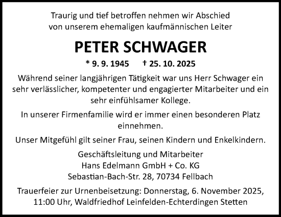 Traueranzeige von Peter Schwager von Stuttgarter Zeitung / Stuttgarter Nachrichten