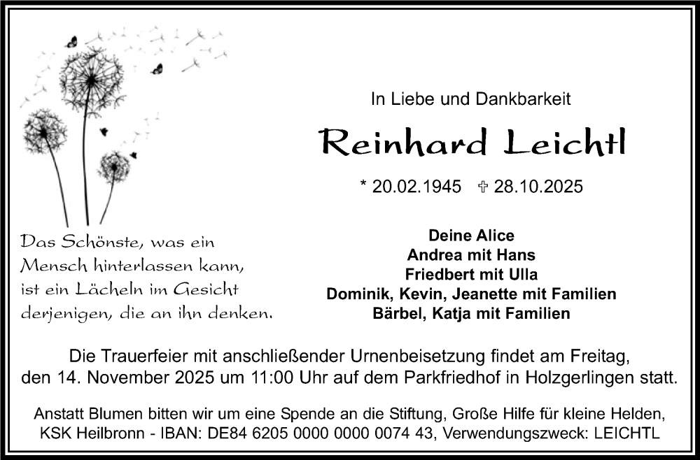  Traueranzeige für Reinhard Leichtl vom 10.11.2025 aus Kreiszeitung Böblinger Bote