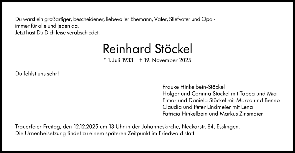  Traueranzeige für Reinhard Stöckel vom 29.11.2025 aus Stuttgarter Zeitung / Stuttgarter Nachrichten