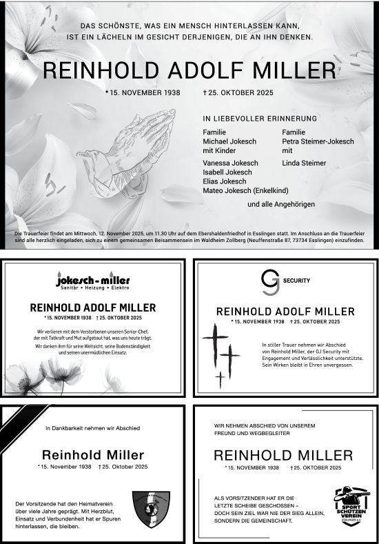 Traueranzeige von Reinhold Adolf Miller von Eßlinger Zeitung