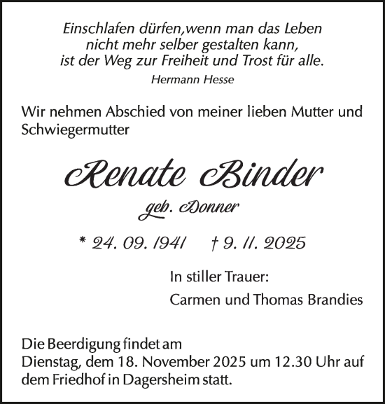 Traueranzeige von Renate Binder von Kreiszeitung Böblinger Bote