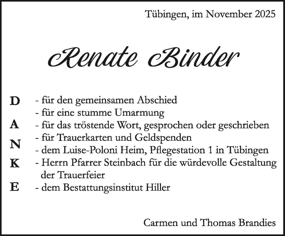  Traueranzeige für Renate Binder vom 25.11.2025 aus Kreiszeitung Böblinger Bote