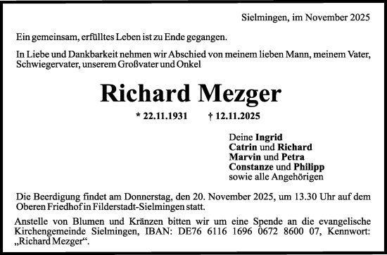 Traueranzeige von Richard Mezger von Eßlinger Zeitung