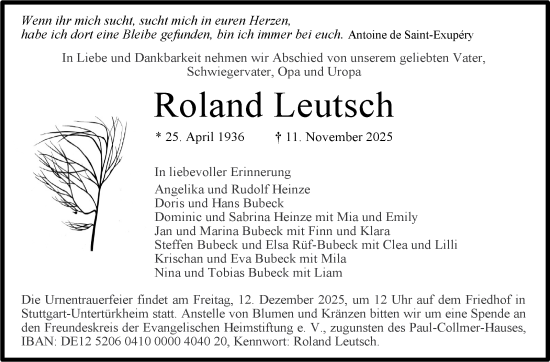 Traueranzeige von Roland Leutsch von Stuttgarter Zeitung / Stuttgarter Nachrichten