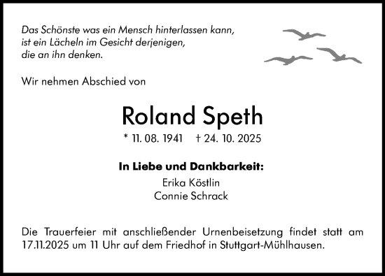 Traueranzeige von Roland Speth von Stuttgarter Zeitung / Stuttgarter Nachrichten