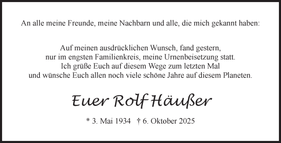 Traueranzeige von Rolf Häußer von Eßlinger Zeitung