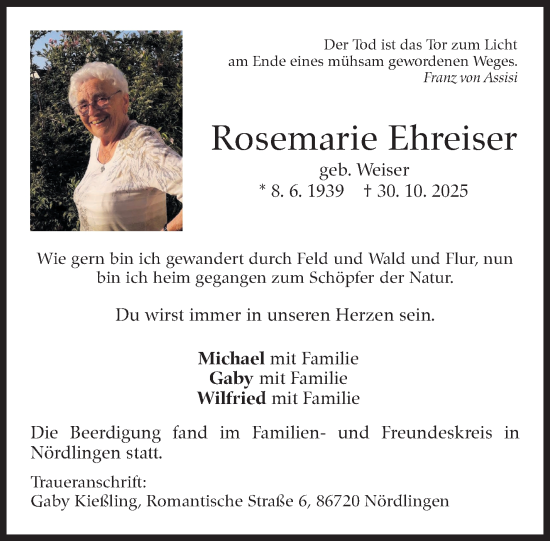 Traueranzeige von Rosemarie Ehreiser von Eßlinger Zeitung