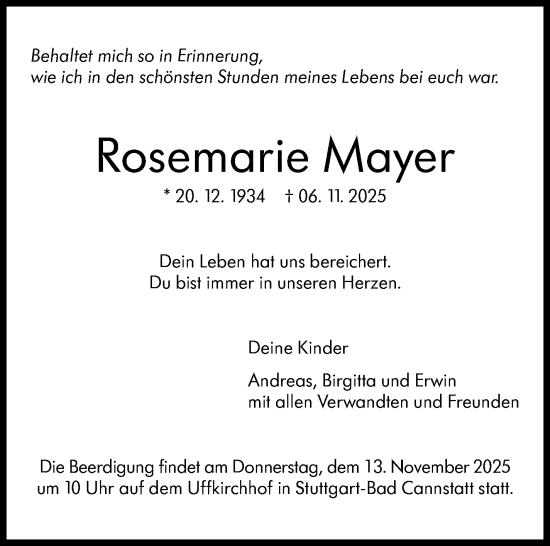 Traueranzeige von Rosemarie Mayer von Stuttgarter Zeitung / Stuttgarter Nachrichten