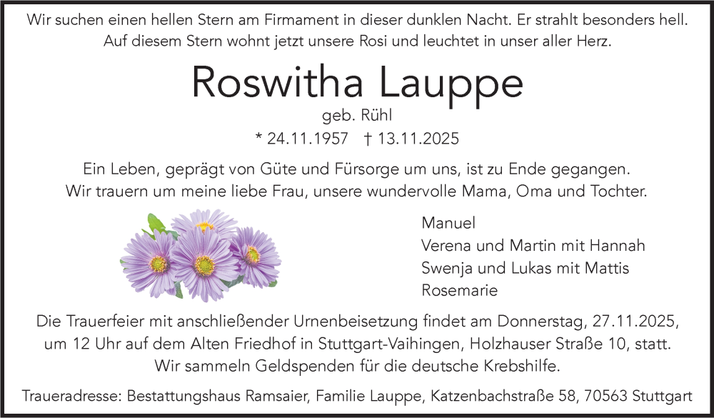  Traueranzeige für Roswitha Lauppe vom 22.11.2025 aus Stuttgarter Zeitung / Stuttgarter Nachrichten