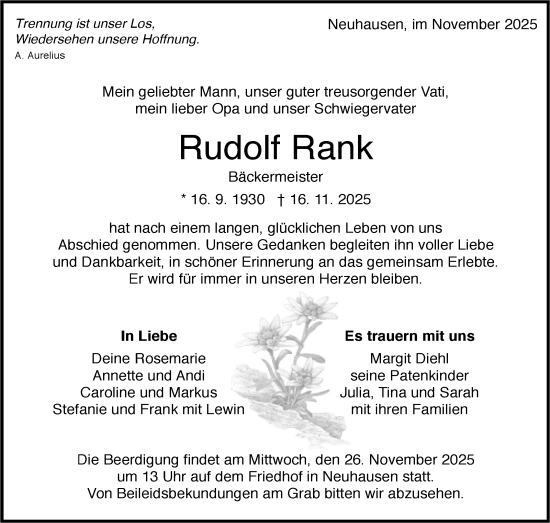 Traueranzeige von Rudolf Rank von Eßlinger Zeitung