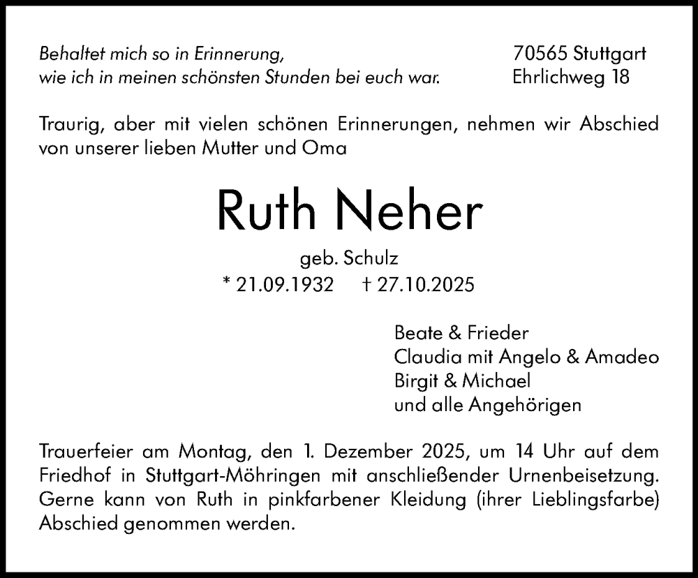  Traueranzeige für Ruth Neher vom 14.11.2025 aus Stuttgarter Zeitung / Stuttgarter Nachrichten