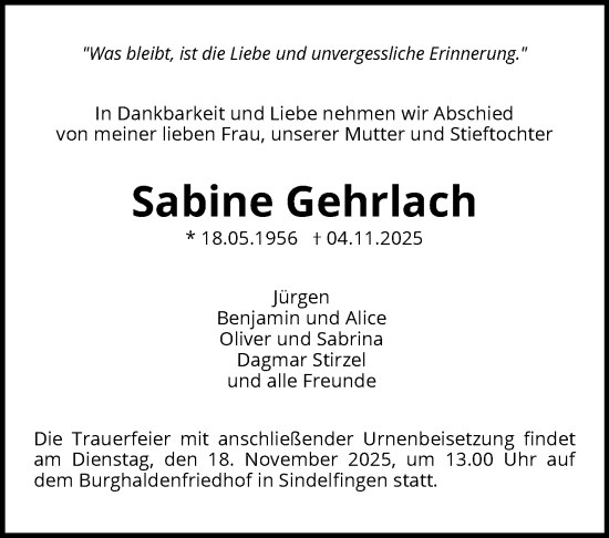 Traueranzeige von Sabine Gehrlach von Kreiszeitung Böblinger Bote