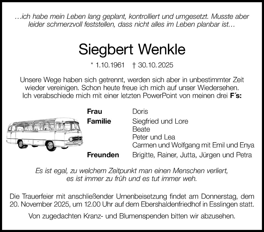  Traueranzeige für Siegbert Wenkle vom 08.11.2025 aus Stuttgarter Zeitung / Stuttgarter Nachrichten