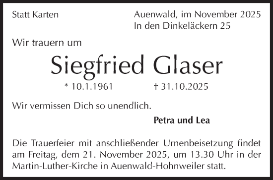 Traueranzeige von Siegfried Glaser von Stuttgarter Zeitung / Stuttgarter Nachrichten