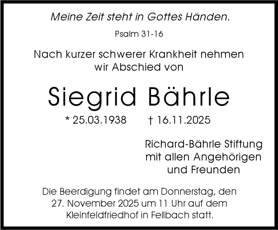 Traueranzeige von Siegrid Bährle von Stuttgarter Zeitung / Stuttgarter Nachrichten