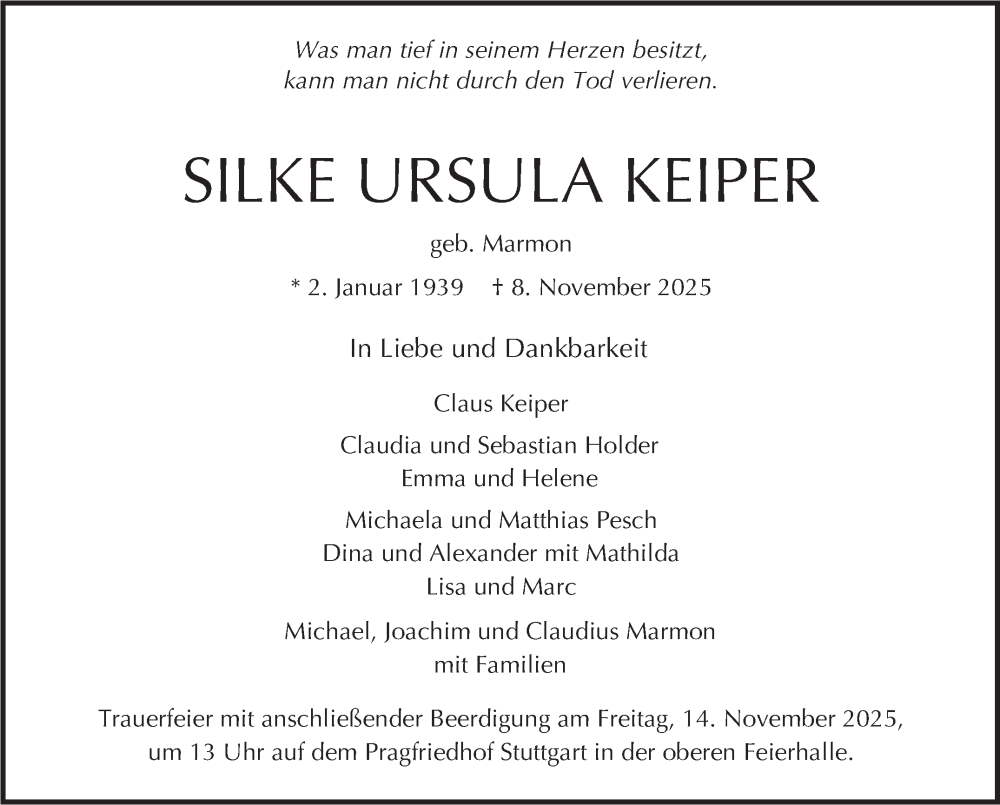  Traueranzeige für Silke Ursula Keiper vom 13.11.2025 aus Stuttgarter Zeitung / Stuttgarter Nachrichten