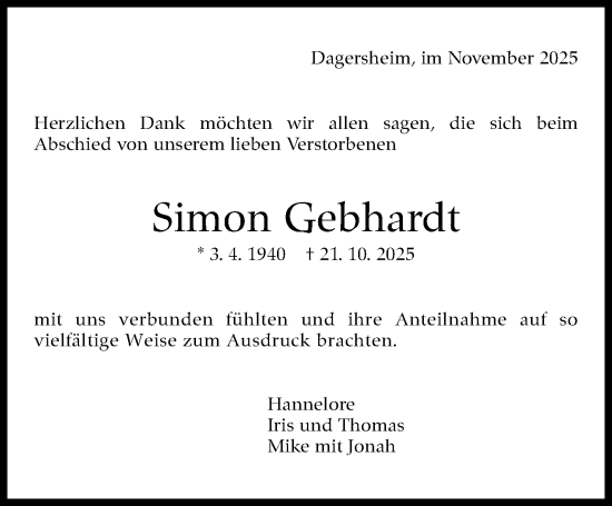 Traueranzeige von Simon Gebhardt von Kreiszeitung Böblinger Bote