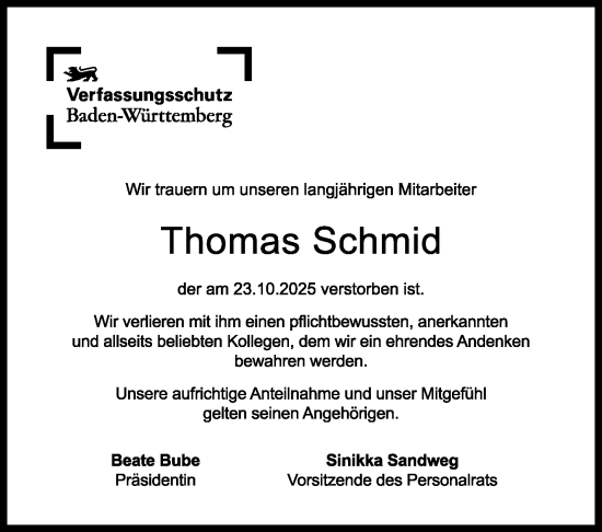 Traueranzeige von Thomas Schmid von Stuttgarter Zeitung / Stuttgarter Nachrichten