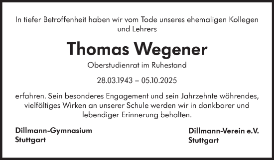 Traueranzeige von Thomas Wegener von Stuttgarter Zeitung / Stuttgarter Nachrichten