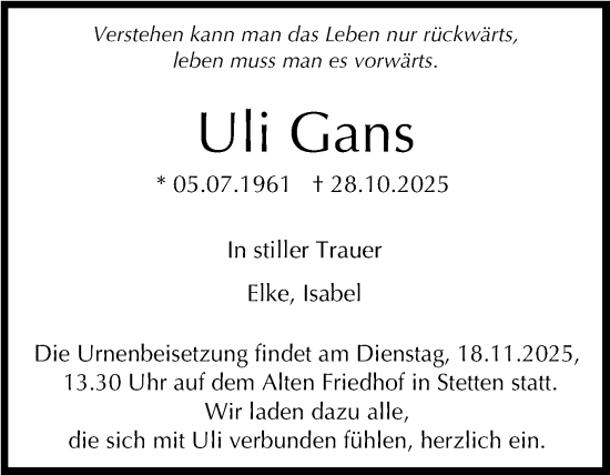 Traueranzeige von Uli Gans von Stuttgarter Zeitung / Stuttgarter Nachrichten