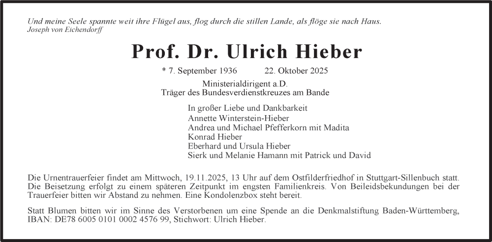  Traueranzeige für Ulrich Hieber vom 08.11.2025 aus Stuttgarter Zeitung / Stuttgarter Nachrichten
