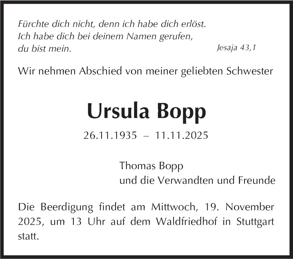  Traueranzeige für Ursula Bopp vom 15.11.2025 aus Stuttgarter Zeitung / Stuttgarter Nachrichten