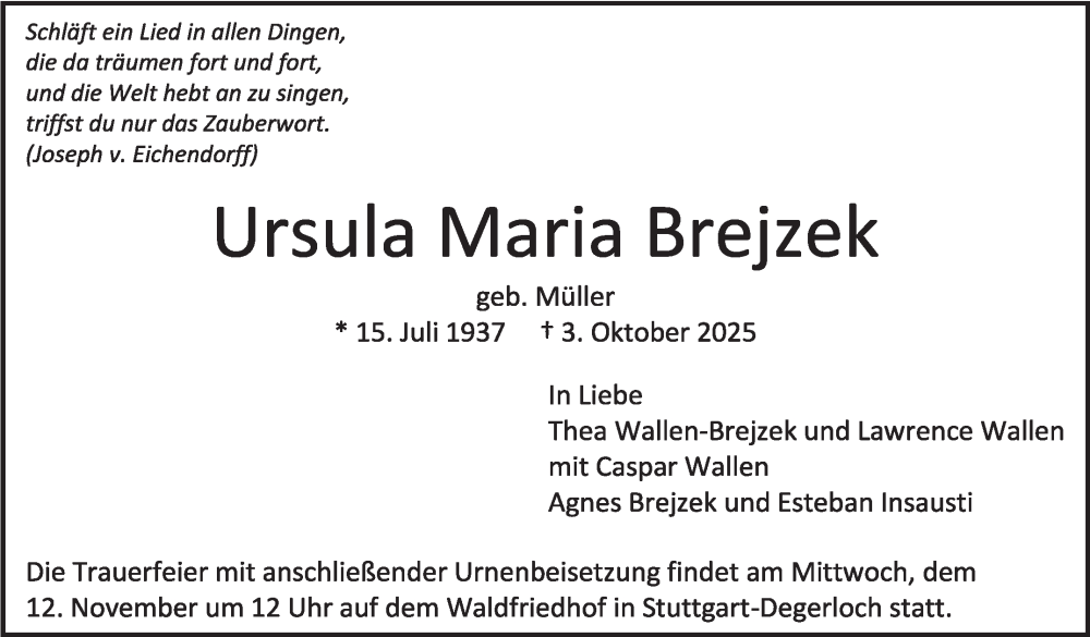  Traueranzeige für Ursula Maria Brejzek vom 08.11.2025 aus Stuttgarter Zeitung / Stuttgarter Nachrichten