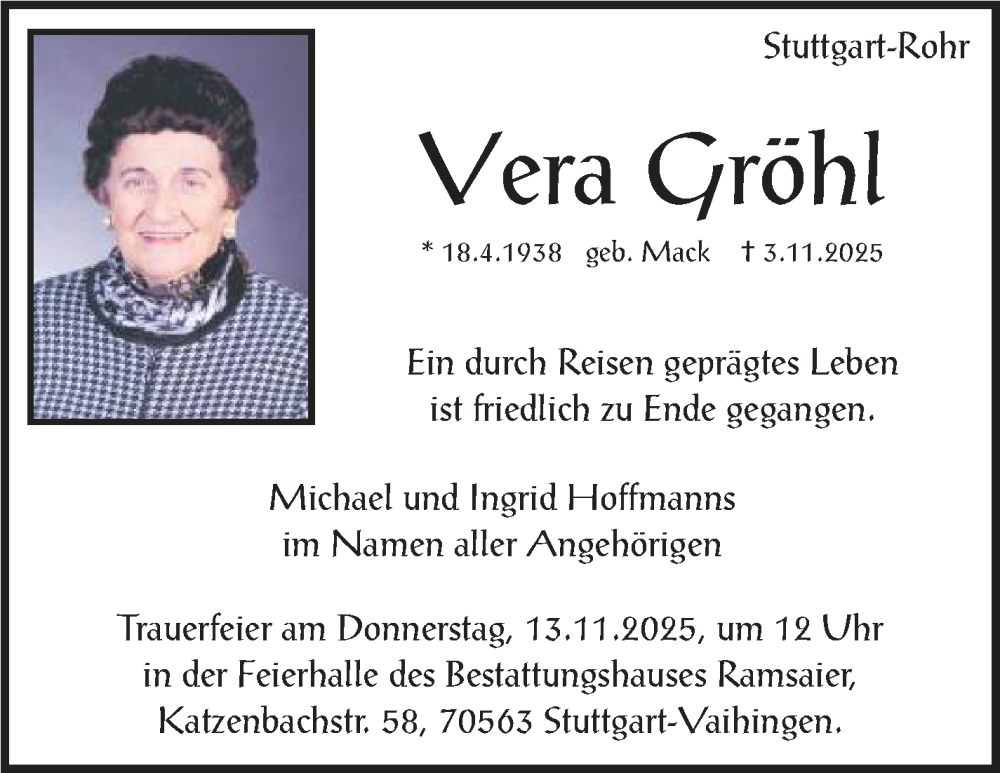  Traueranzeige für Vera Gröhl vom 08.11.2025 aus Stuttgarter Zeitung / Stuttgarter Nachrichten
