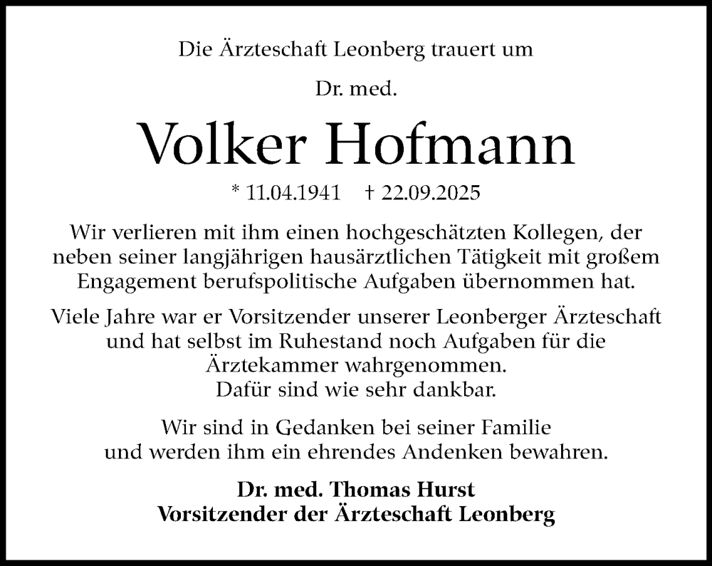  Traueranzeige für Volker Hofmann vom 15.11.2025 aus Leonberger Kreiszeitung / Strohgäu Extra