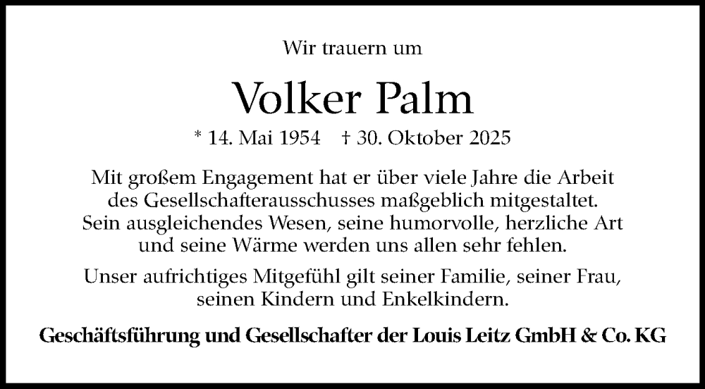  Traueranzeige für Volker Palm vom 15.11.2025 aus Stuttgarter Zeitung / Stuttgarter Nachrichten