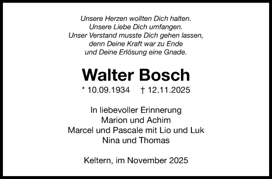 Traueranzeige von Walter Bosch von Leonberger Kreiszeitung / Strohgäu Extra