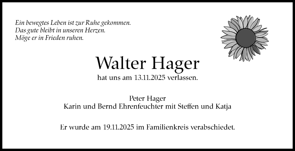  Traueranzeige für Walter Hager vom 21.11.2025 aus Stuttgarter Zeitung / Stuttgarter Nachrichten