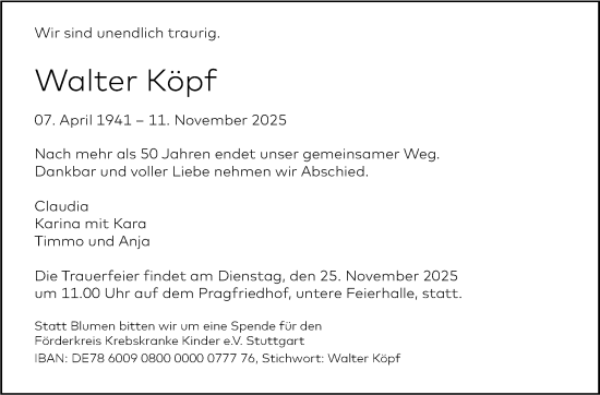 Traueranzeige von Walter Köpf von Stuttgarter Zeitung / Stuttgarter Nachrichten