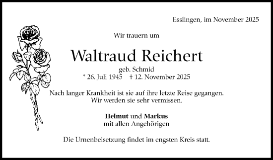 Traueranzeige von Waltraud Reichert von Eßlinger Zeitung