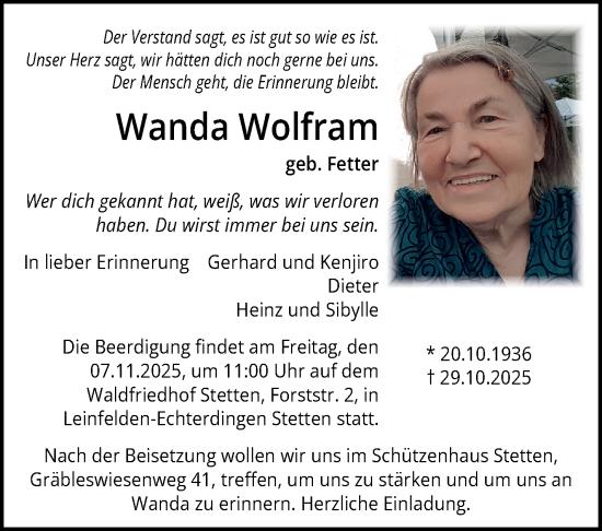 Traueranzeige von Wanda Wolfram von Eßlinger Zeitung