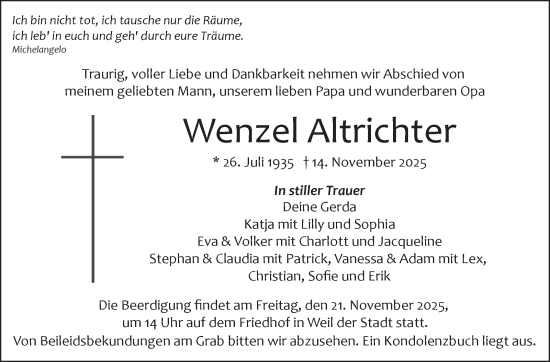 Traueranzeige von Wenzel Altrichter von Leonberger Kreiszeitung / Strohgäu Extra