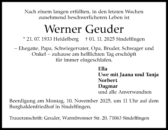 Traueranzeige von Werner Geuder von Kreiszeitung Böblinger Bote