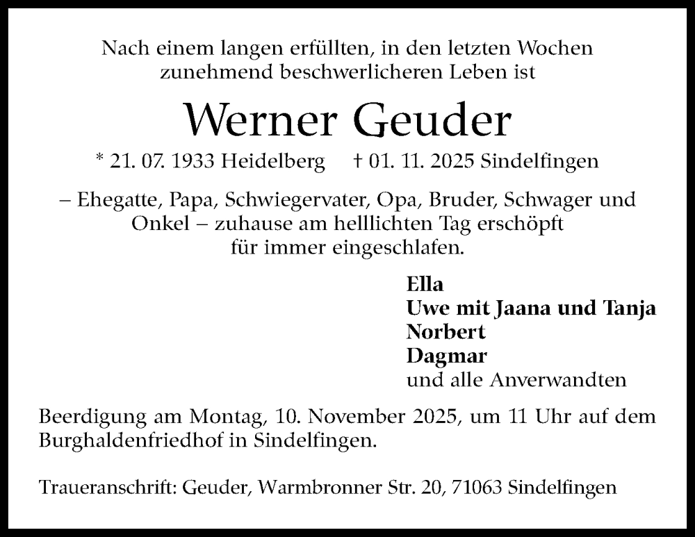  Traueranzeige für Werner Geuder vom 07.11.2025 aus Kreiszeitung Böblinger Bote